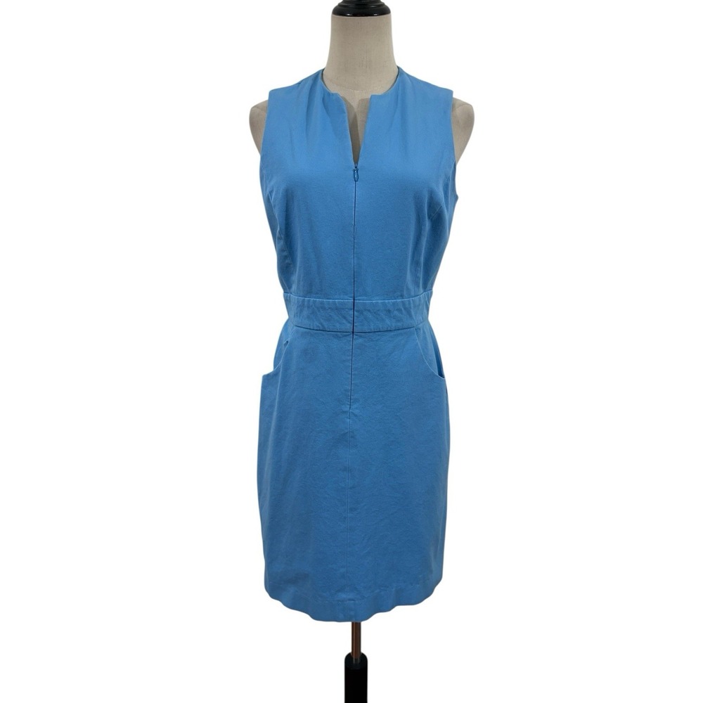 J McLaughlin Light Blue Shift Dress Sz 4 Zip Front Preppy Timeless Coastal Work